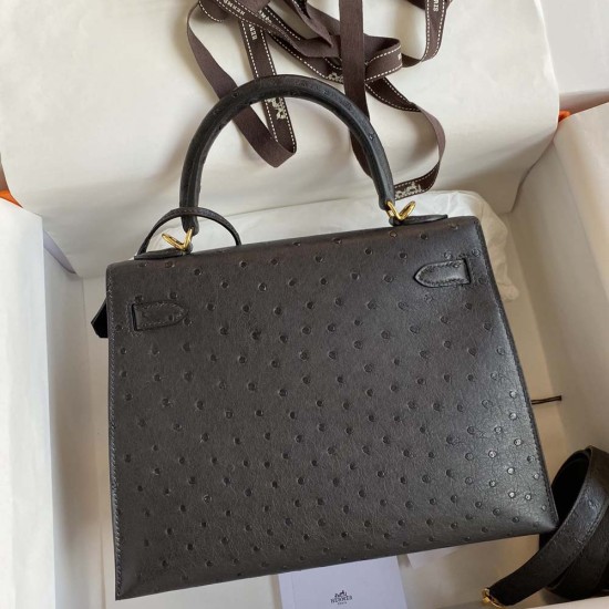 Hermes Kelly Black Africa Orstrich Leather