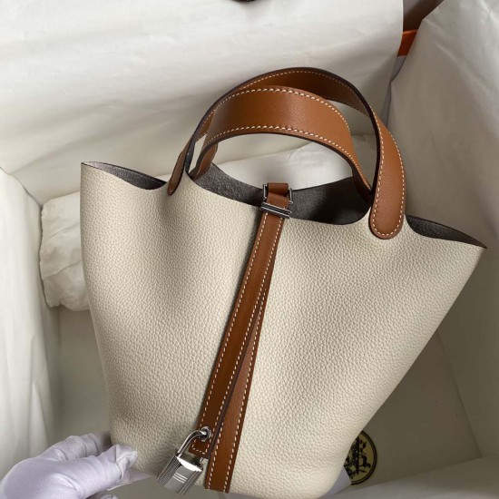 Hermes Picotin Milkshake White TC Leather Patch Brown Swift Leather