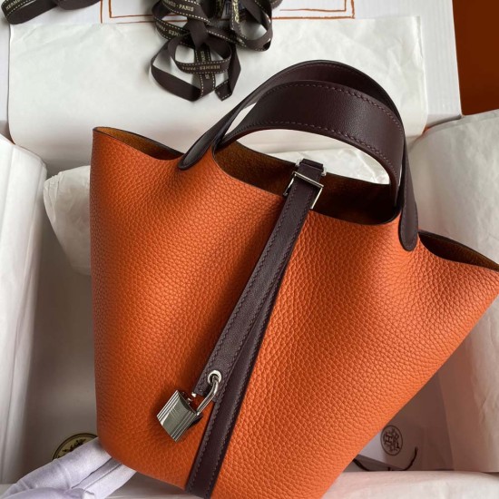 Hermes Picotin Orange TC Leather Patch Wine Swift Leather