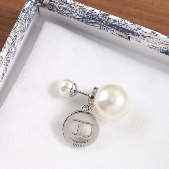 Dior Tribales Earrings In Silver Finish Metal With White Resin Pearl And Silver Tone Crystals
