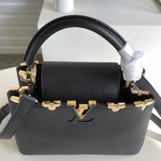 LV Capucines Handbag in Taurillon Leather Topped With Crown Gold Color Monogram Flowers 3 Colors