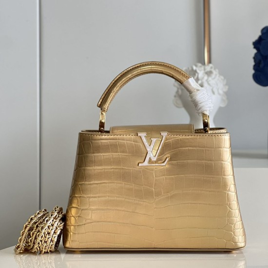 LV Capucines Handbag in Golden Alligator Calf Leather With Seashell Effect LV And Braided Leather Chain