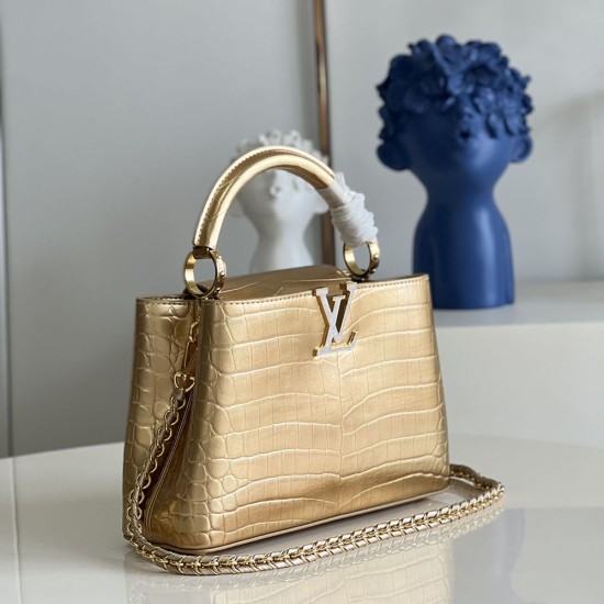 LV Capucines Handbag in Golden Alligator Calf Leather With Seashell Effect LV And Braided Leather Chain