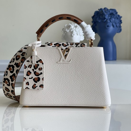 LV Capucines Handbag in Taurillon Leather With Leopard Strap And Flap Contrast Handle