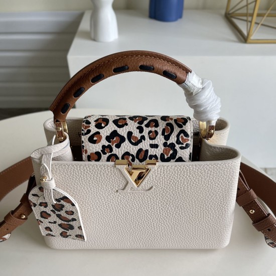 LV Capucines Handbag in Taurillon Leather With Leopard Strap And Flap Contrast Handle