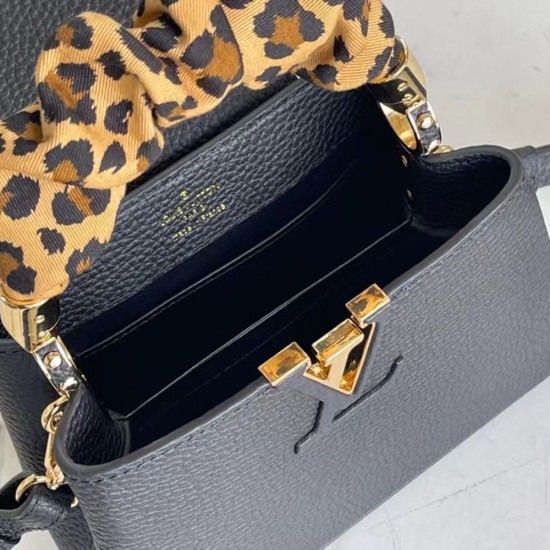 LV Capucines Mini Handbag in Taurillon Leather With Animal Print Twilled Scrunchie on Handle 21cm