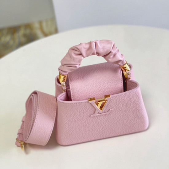 LV Capucines Mini Handbag in Taurillon Leather With Twilled Scrunchie on Handle 3 Colors 21cm