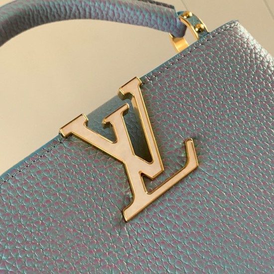 LV Capucines Mini Handbag in Glimmers Contrast Taurillon Leather With Seashell Effect LV And Braided Leather Chain 21cm