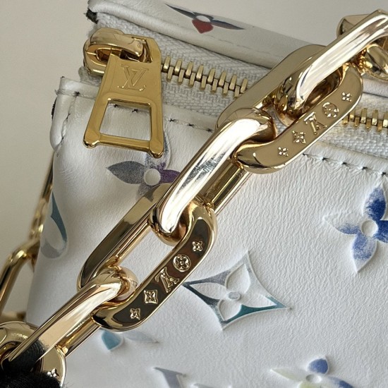 LV Coussin PM Handbag in White Puffy Lambskin Leather With Embossed Monogram LVs And Flowers