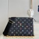 LV Coussin PM Handbag in Dark Blue Puffy Lambskin Leather With Embossed Monogram LVs And Flowers