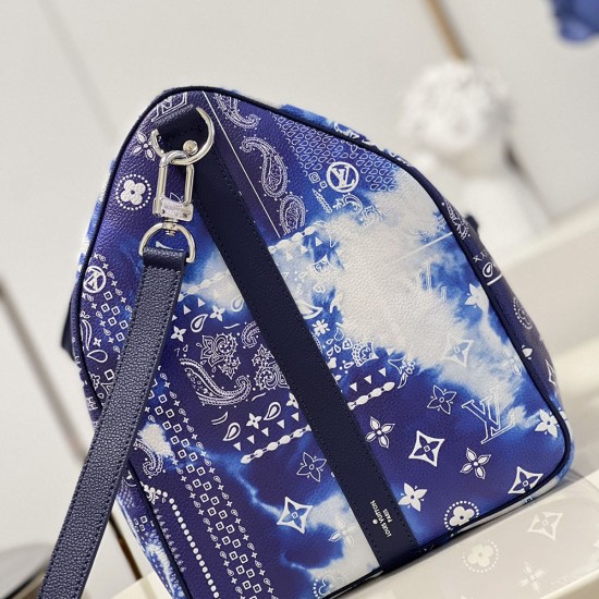 LV Keepall 50B in Cowhide Leather With Blue Monogram Bandana Pattern