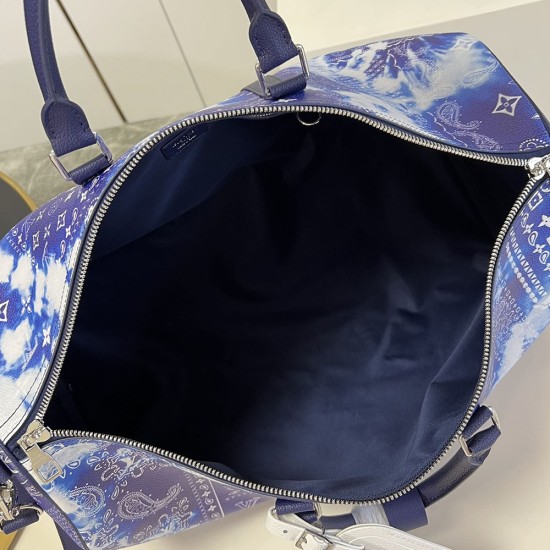 LV Keepall 50B in Cowhide Leather With Blue Monogram Bandana Pattern