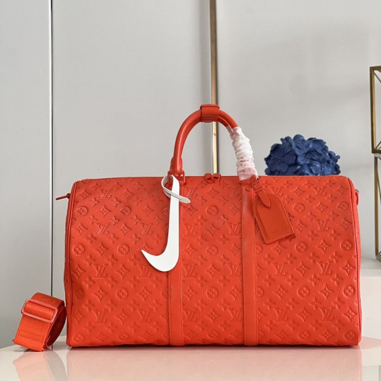 LV Keepall Bandouliere 50 Travel Bag in Taurillon Monogram Embossed Cowhide Leather 2 Colors