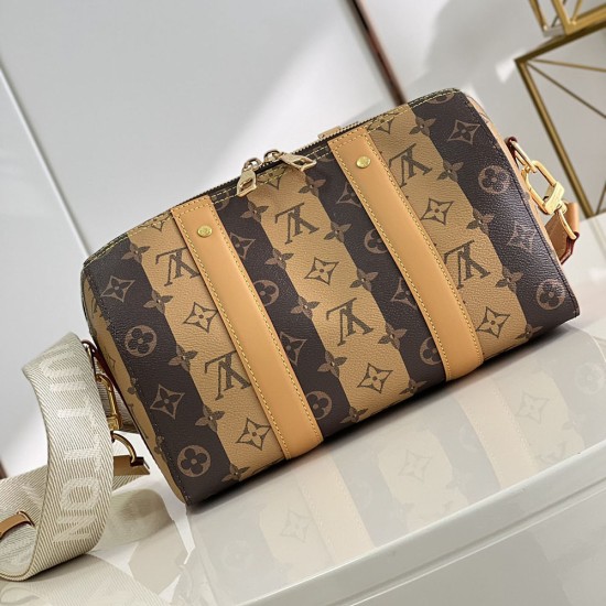 LV City Keepall Bag in Monogram Stripes Brown Coated Canvas 27cm