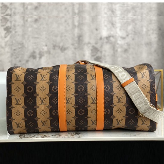 LV Keepall Bandouliere 50 Travel Bag in Monogram Stripes Coated Canvas 2 Colors