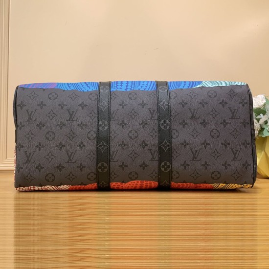 LV x YK Keepall 45 In Monogram Eclipse Reverse Coated Canvas with Colorful Pumpkin Print 45cm