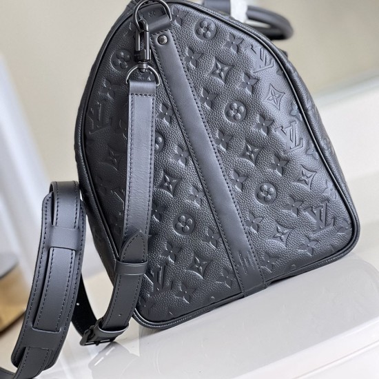 LV Keepall Bandouliere 50 in Black Taurillon Monogram Leather Embossed With Monogram