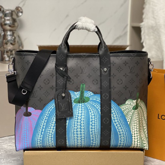 LV x YK Weekend Tote Bag In Monogram Eclipse Reverse Coated Canvas with Colorful Pumpkin Print 43cm