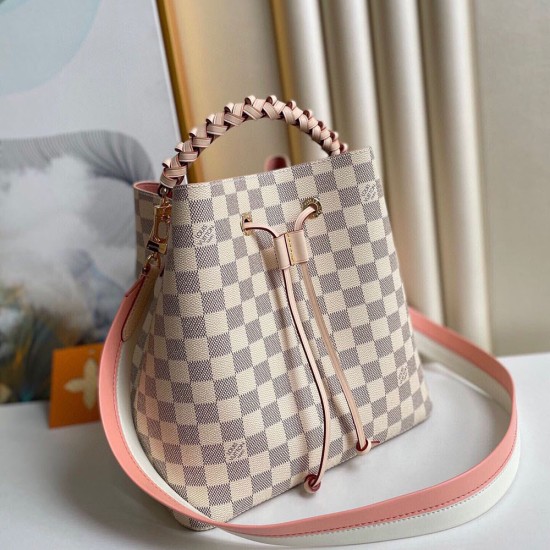 LV Neonoe MM Bucket Bag In Damier Azur Coated Canvas With Braided Top Handle