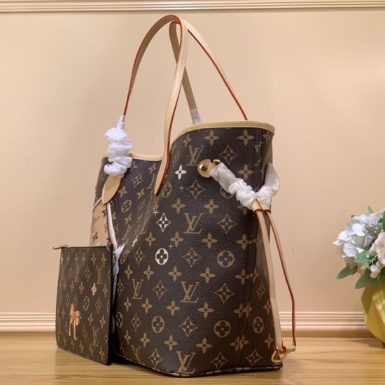 LV Neverfull MM Tote Bag In Monogram Coated Canvas With Printed Cat 32cm