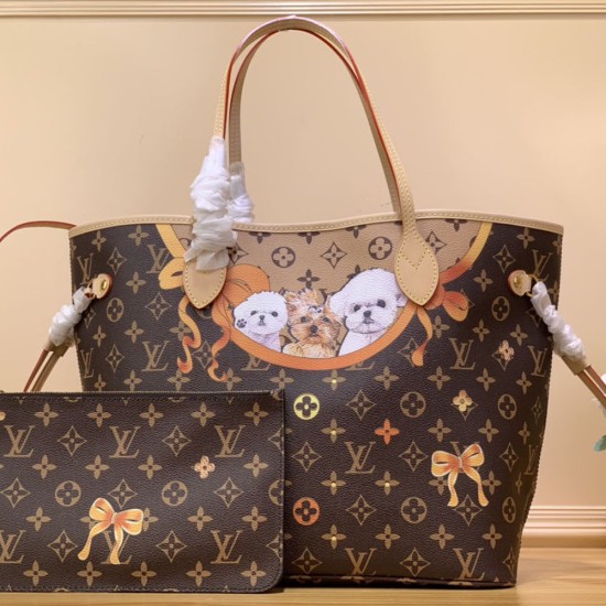 LV Neverfull MM Tote Bag In Monogram Coated Canvas With Printed Dogs 32cm
