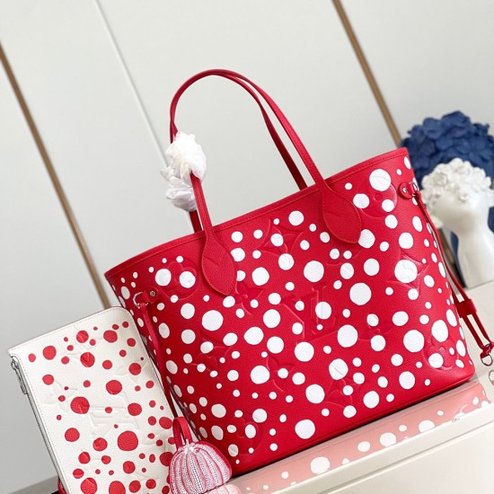 LV X YK Neverfull MM Tote Bag in Embossed Grained Monogram Empreinte Cowhide Leather With Infinity Dots Print 31cm 3 Colors
