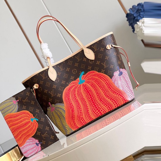 LV x YK Neverfull MM In Monogram Coated Canvas With Pumpkin Print 31cm