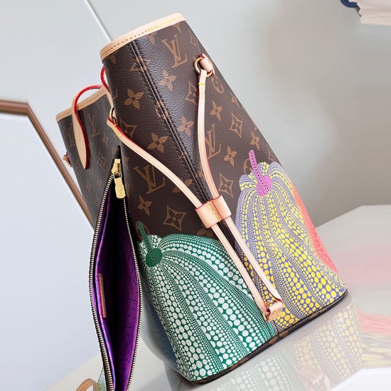 LV x YK Neverfull MM In Monogram Coated Canvas With Pumpkin Print 31cm