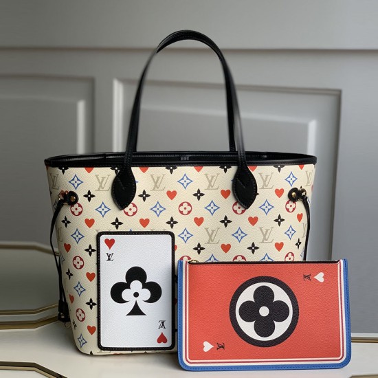 LV Neverfull MM Tote Bag In Game Monogram Coated Canvas With Printed Red Hearts And Cards 2 Colors