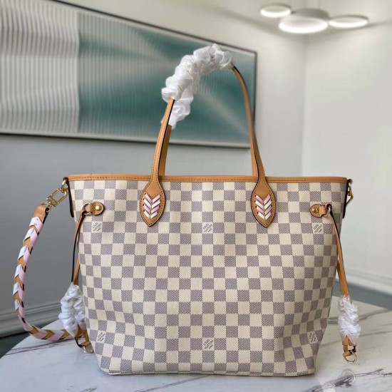 LV Neverfull MM Tote Bag In Damier Azur Coated Canvas With Braided Strap