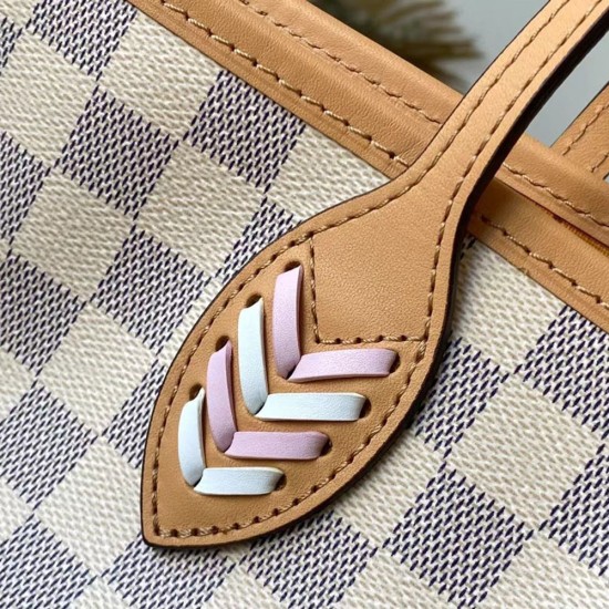 LV Neverfull MM Tote Bag In Damier Azur Coated Canvas With Braided Strap