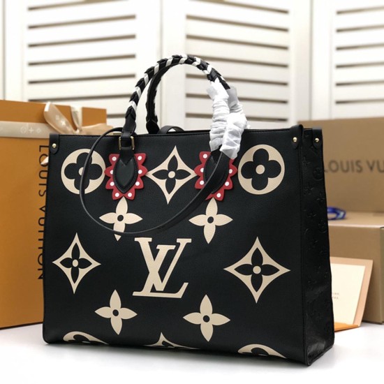 LV Onthego GM Tote Bag in Monogram Empreinte Leather With Braided Top Handle 2 Colors