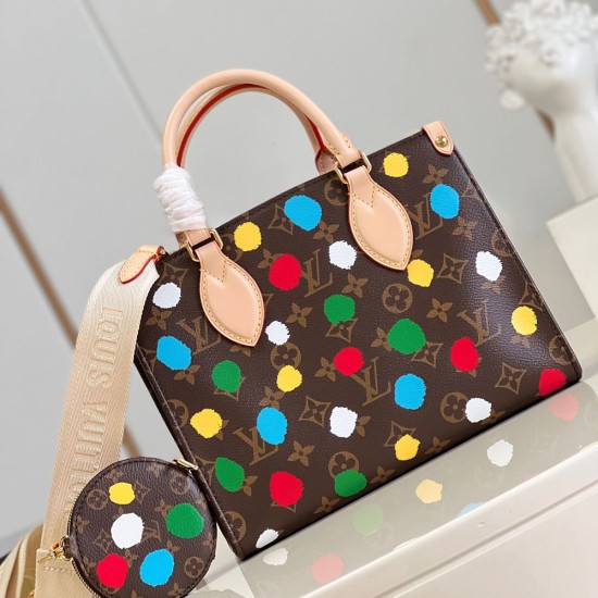 LV x YK OnTheGo PM In Monogram Coated Canvas With 3D Painted Dots Print 25cm