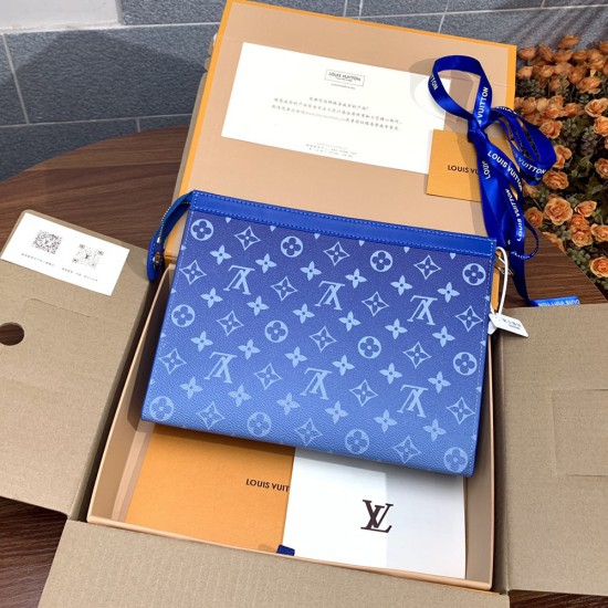 LV Pochette Voyage MM Travel Pouch In Blue Monogram Coated Canvas With Cloud Print 27cm