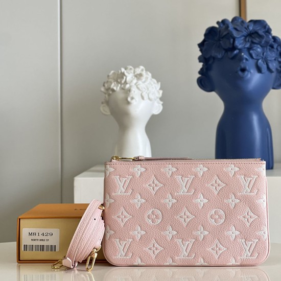 LV Double Zip Pochette Bag In Soft Monogram Empreinte Leather With Contrasting Embossed Monogram Pattern 20cm