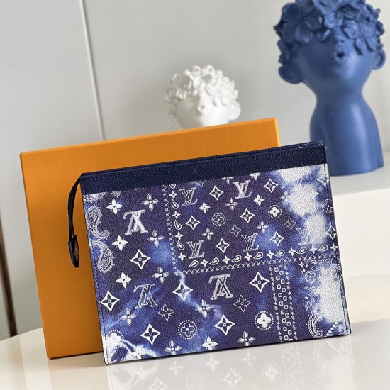 LV Pochette Voyage MM Travel Pouch In Cowhide Leather With Blue Monogram Bandana Print 27cm