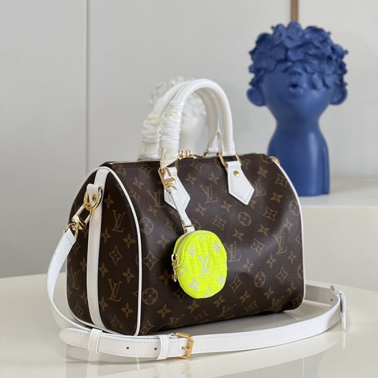 LV Speedy Bandouliere 25 Handbag In Monogram Coated Canvas And White Leather Trims With Round Zippy Coin Purse 25cm