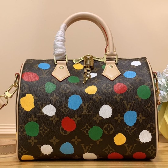 LV X YK Speedy Bandouliere 25 In Monogram Coated Canvas With 3D Painted Dots Print 25cm