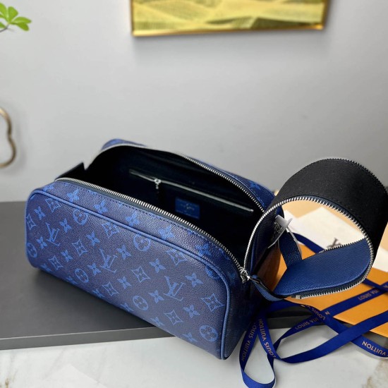 LV Dopp Kit Toiletry Pouch In Taiga Cowhide Leather And Monogram Pacific Coated Canvas 28cm