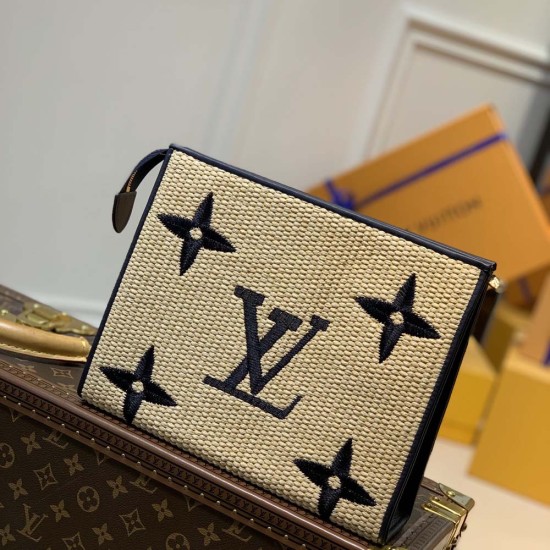LV Raffia Pouch With Giant Monogram Embroidery