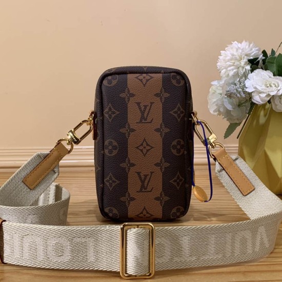 LV Flap Double Phone Pouch in Monogram Stripes Coated Canvas 11cm