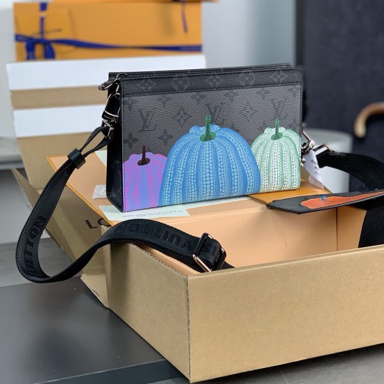 LV x YK Gaston Wearable Wallet In Monogram Eclipse Reverse Coated Canvas with Colorful Pumpkin Print 22cm