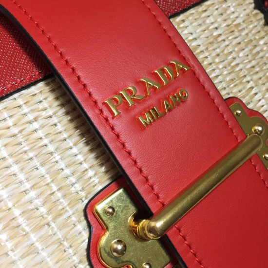 Prada Cahier Leather Bag Red Calfskin And Raffia
