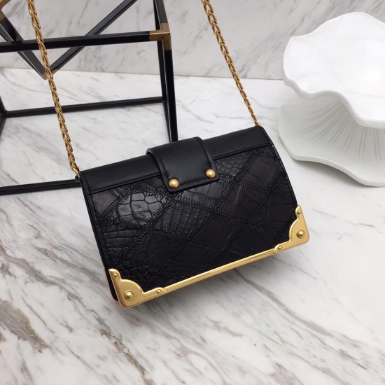 Prada Cahier Shoulder Bag Black Calfskin And Crocodile Leather Gold Hardware