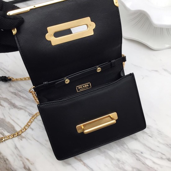 Prada Cahier Shoulder Bag Black Calfskin And Crocodile Leather Gold Hardware