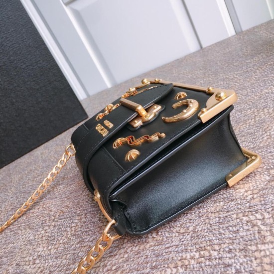 Prada Cahier Shoulder Bag Black Calfskin Floral Motif With Synthetic Crystals Gold Hardware