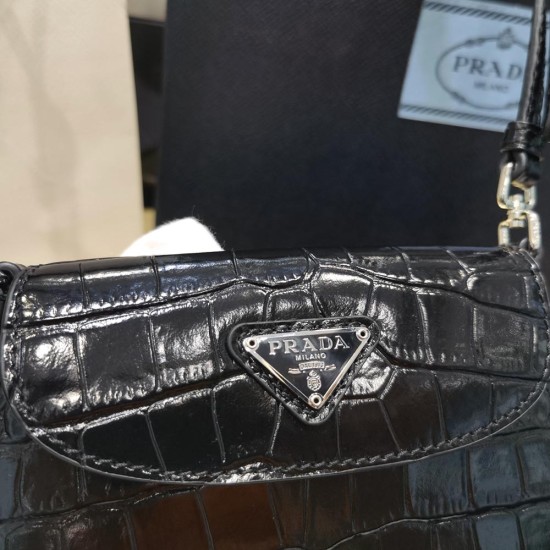 Prada Cleo Black Crocodile Embossed Calfskin Mini Bag 1BH188