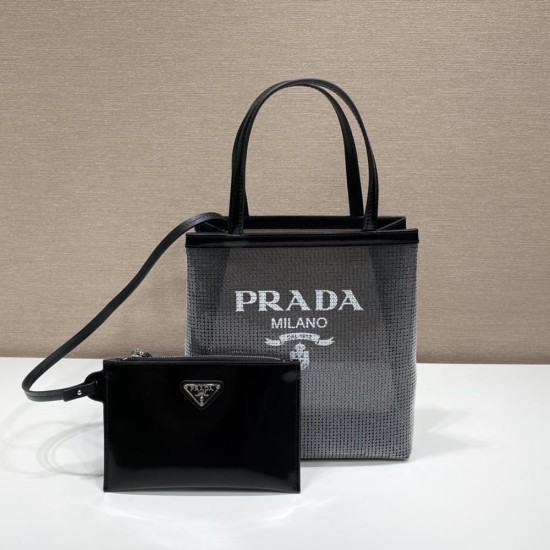 Prada Black Sequined Mesh And Leather Tote Bag