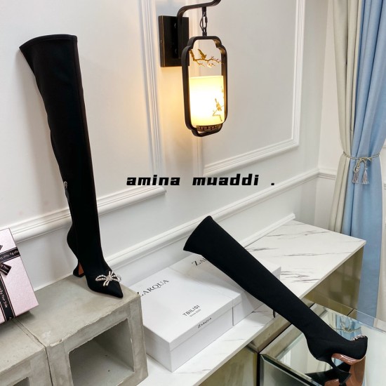 Amina Muaddi Crystal Bow High Boots In Satin With Zipper 5 Colors