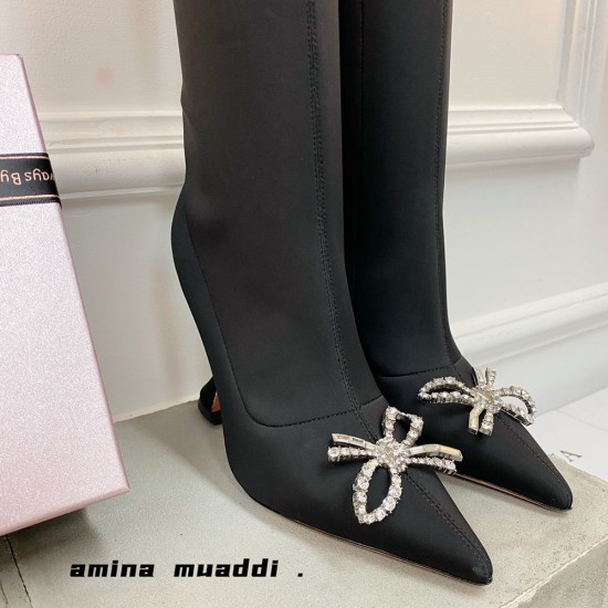 Amina Muaddi Crystal Bow High Boots In Satin With Zipper 5 Colors